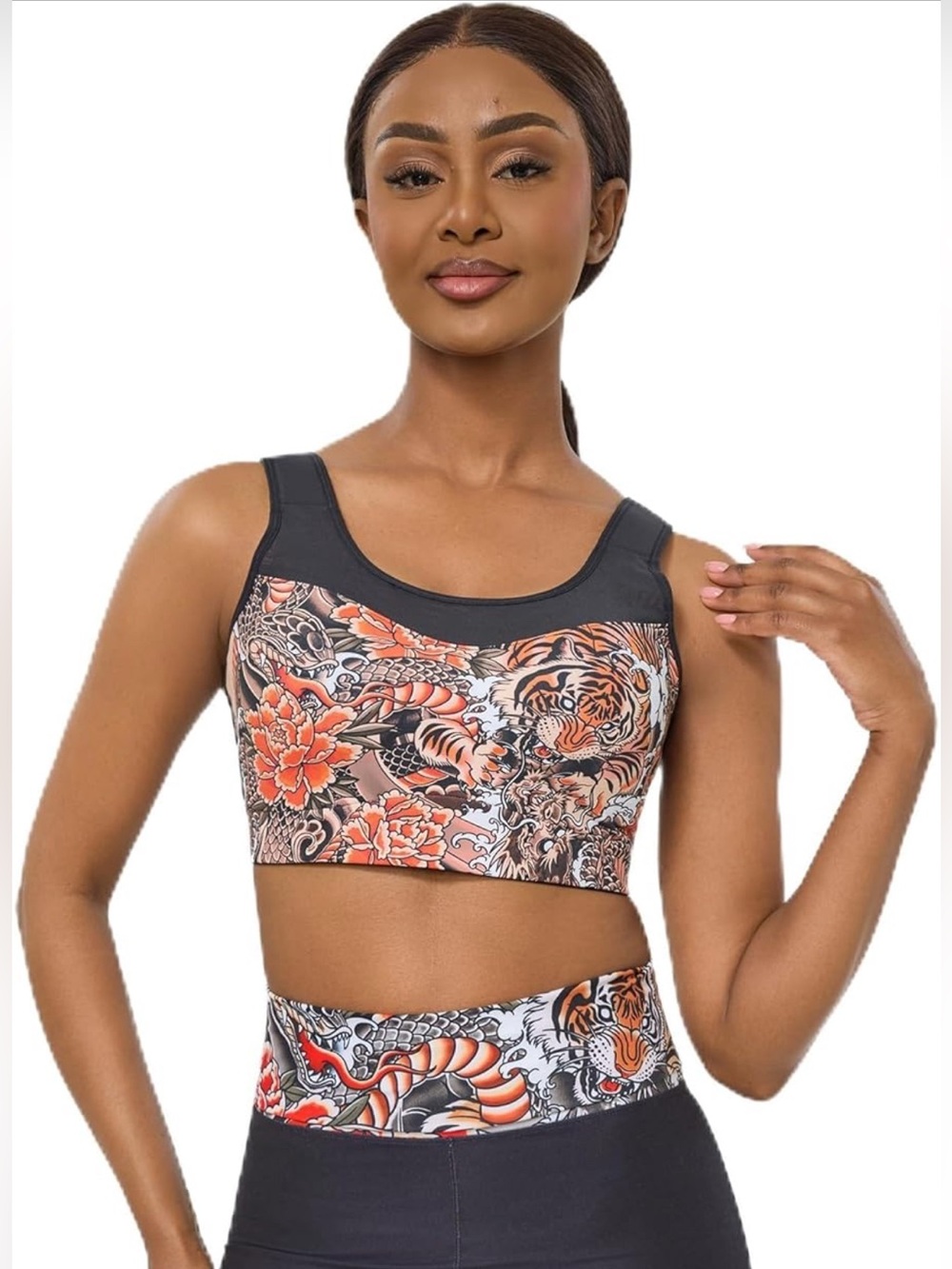 ethika Sports Bra, High Impact, Black with Floral & Tiger Print, Size Medium